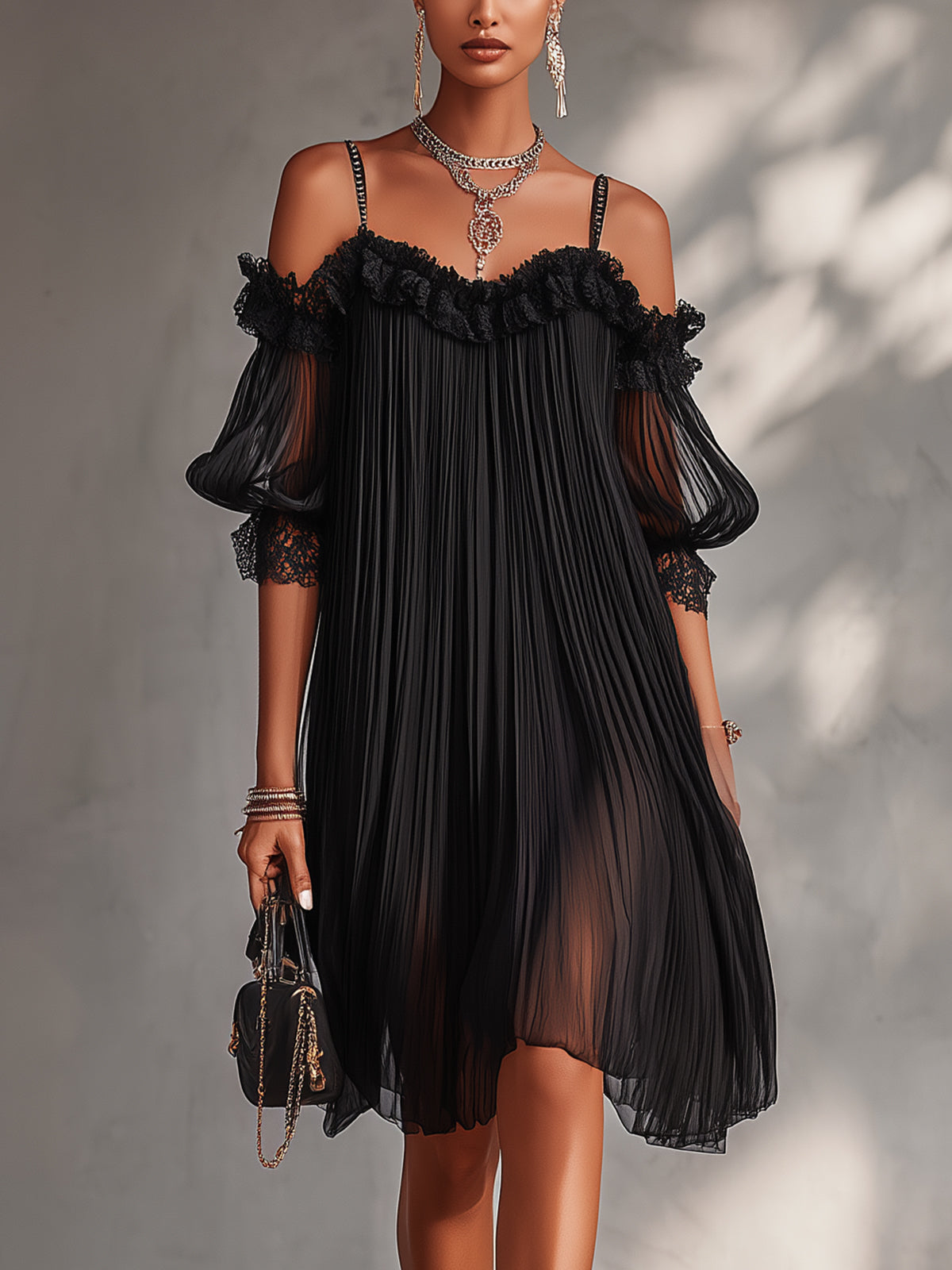 Black Chiffon Mini Dress with Off-the-Shoulder Design and Lace Trim