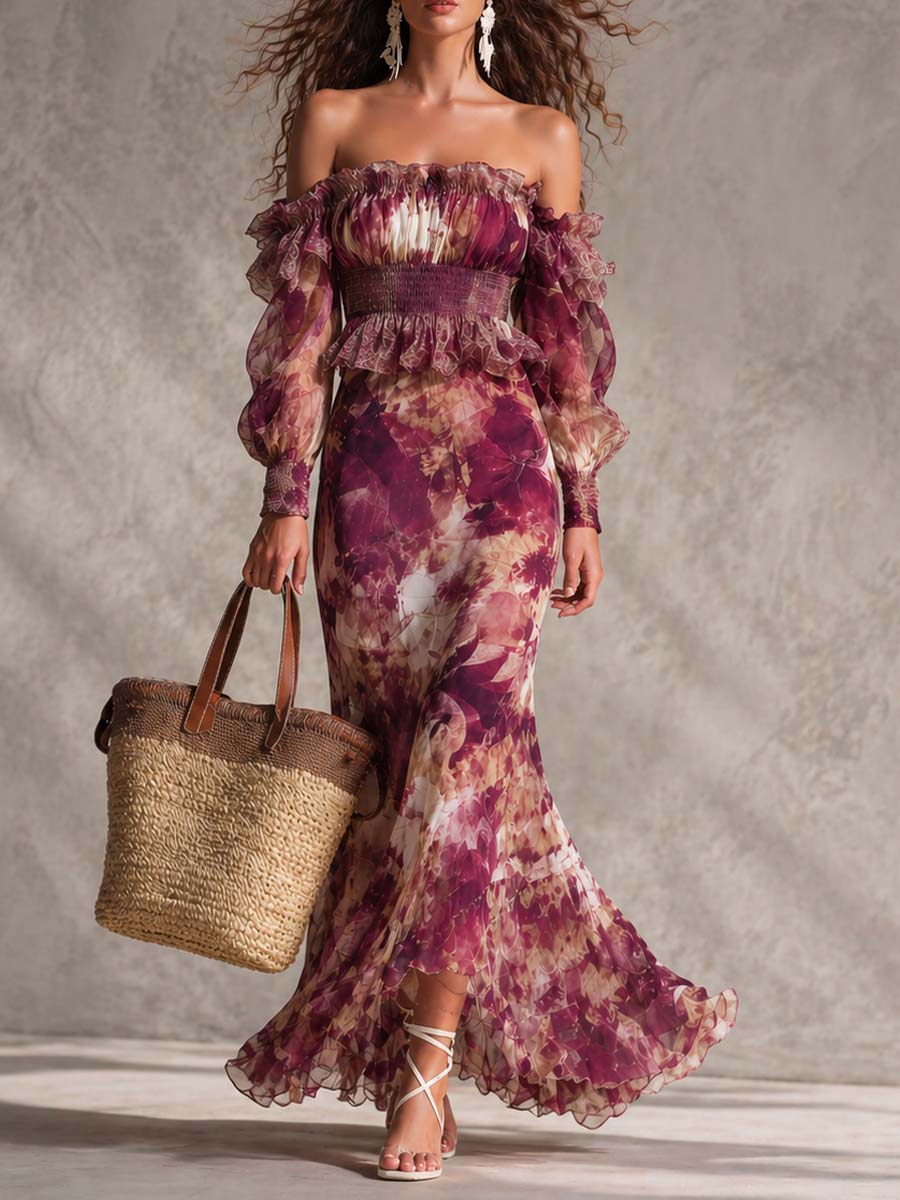Maxi Chiffon Dress in Blush Pink with Flowers Off-Shoulder