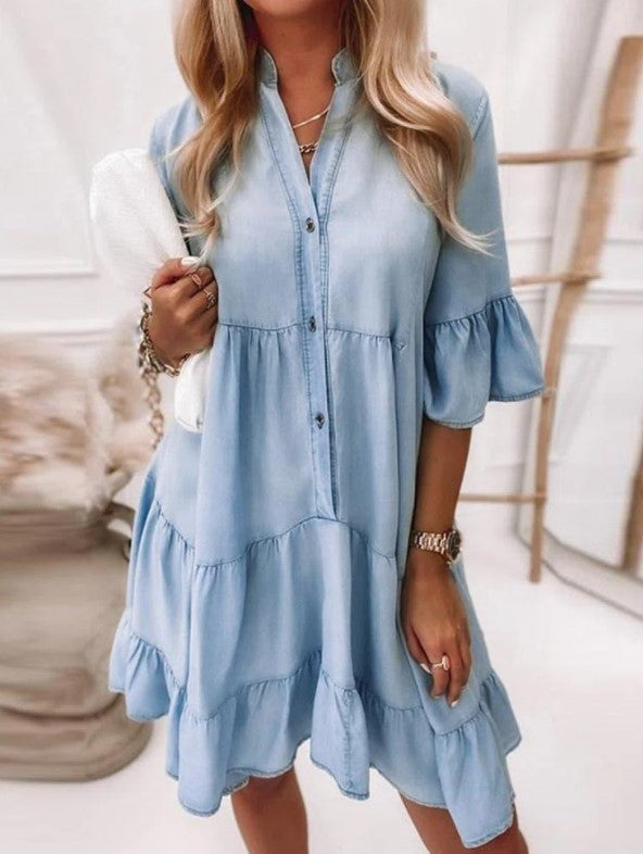 Solid Color Washed Denim Midi Dress