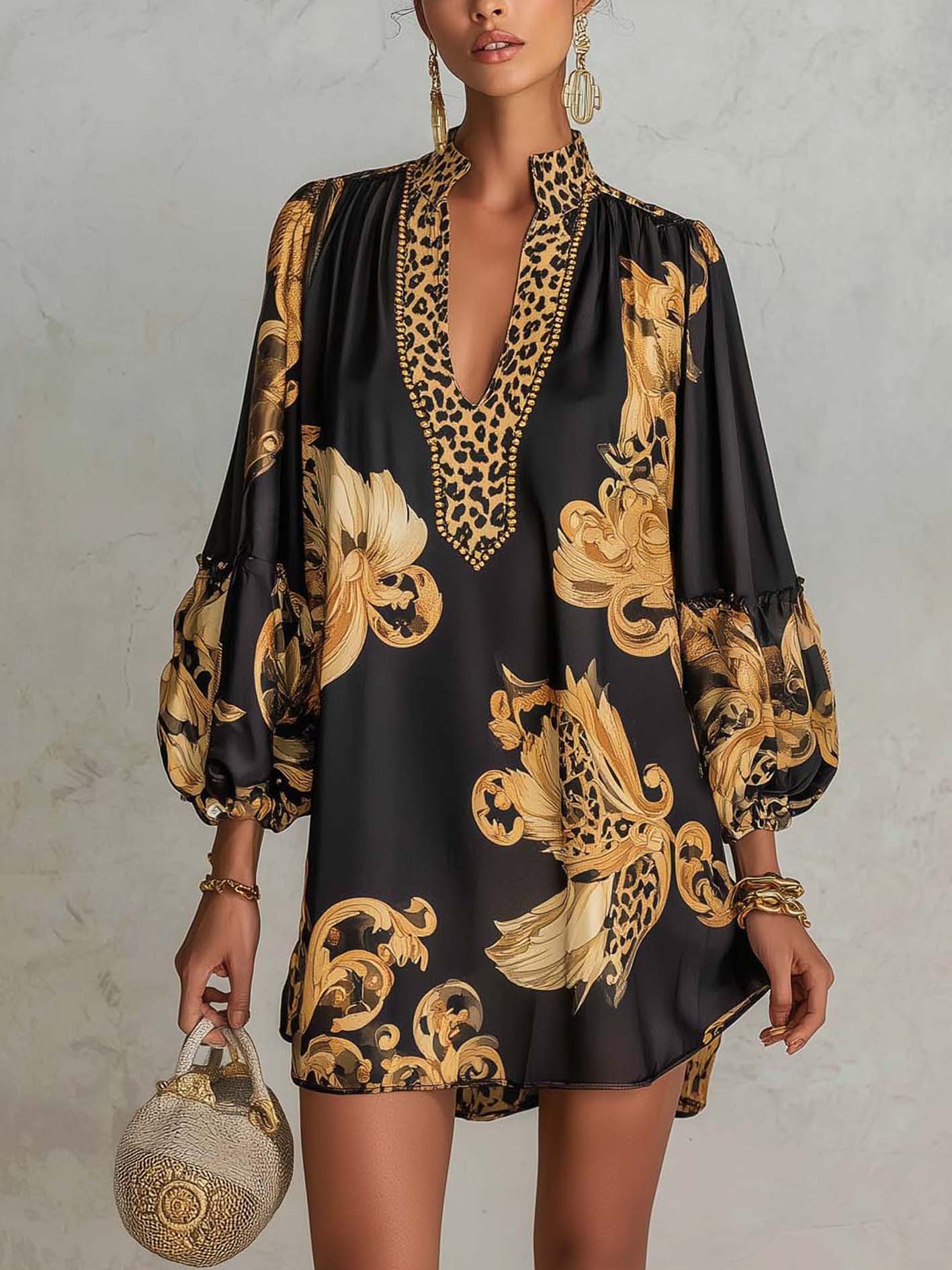 Mini V-Neck Baroque Retro Black Dress