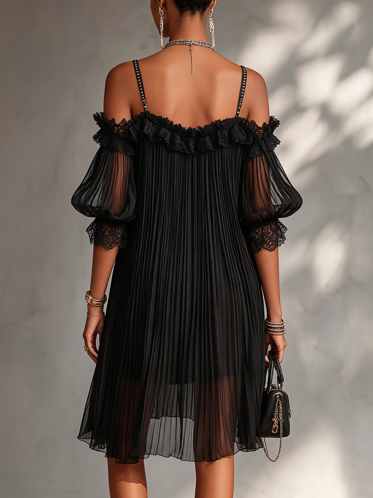 Black Chiffon Mini Dress with Off-Shoulder Design and Lace Trim