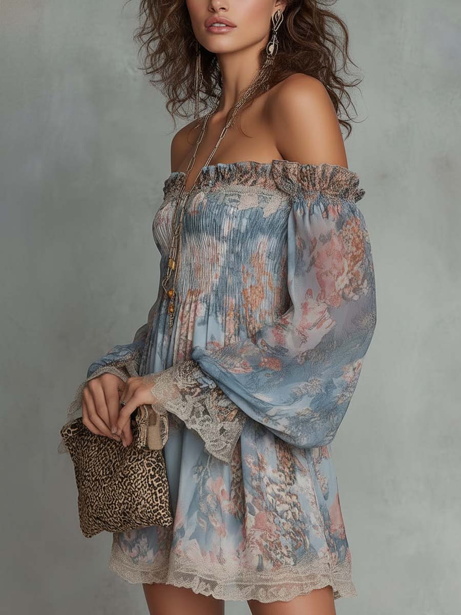Mini Ruffled Chiffon Dress with Off-Shoulder and Romantic Flowers