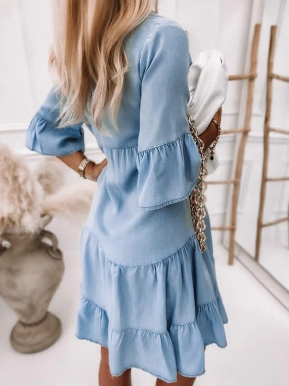 Solid Color Washed Denim Midi Dress