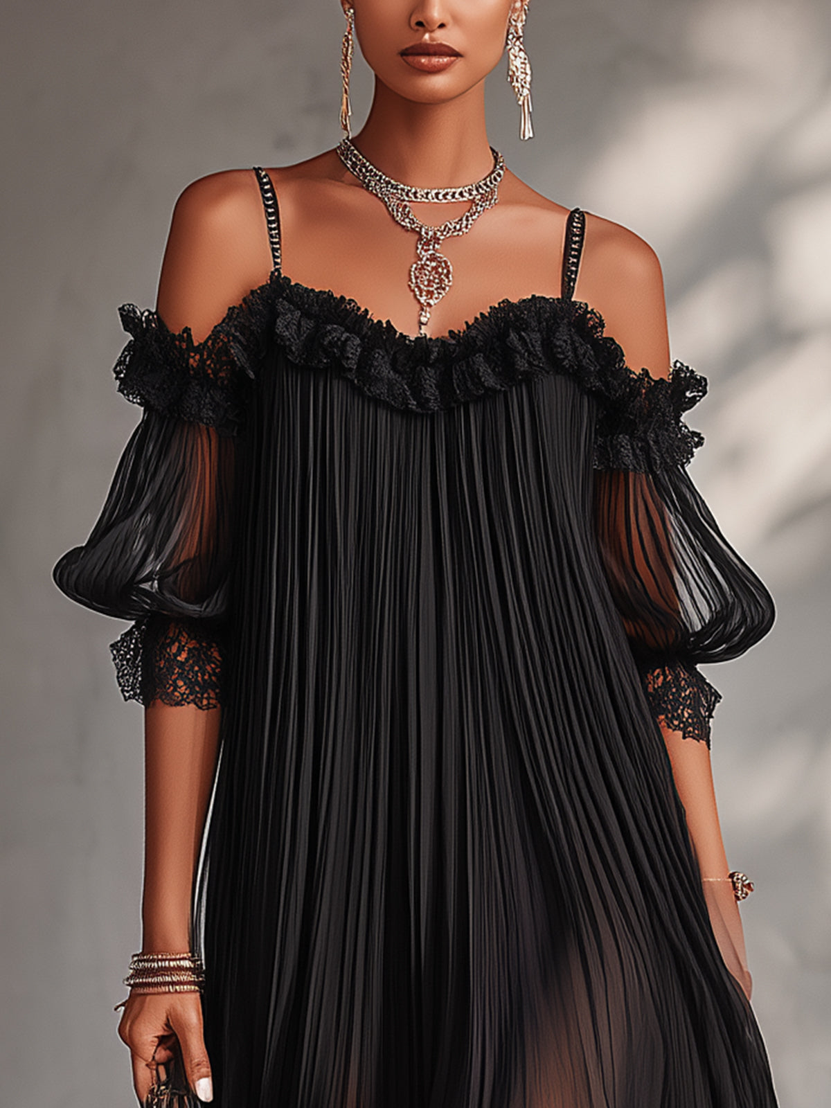 Black Chiffon Mini Dress with Off-Shoulder Design and Lace Trim