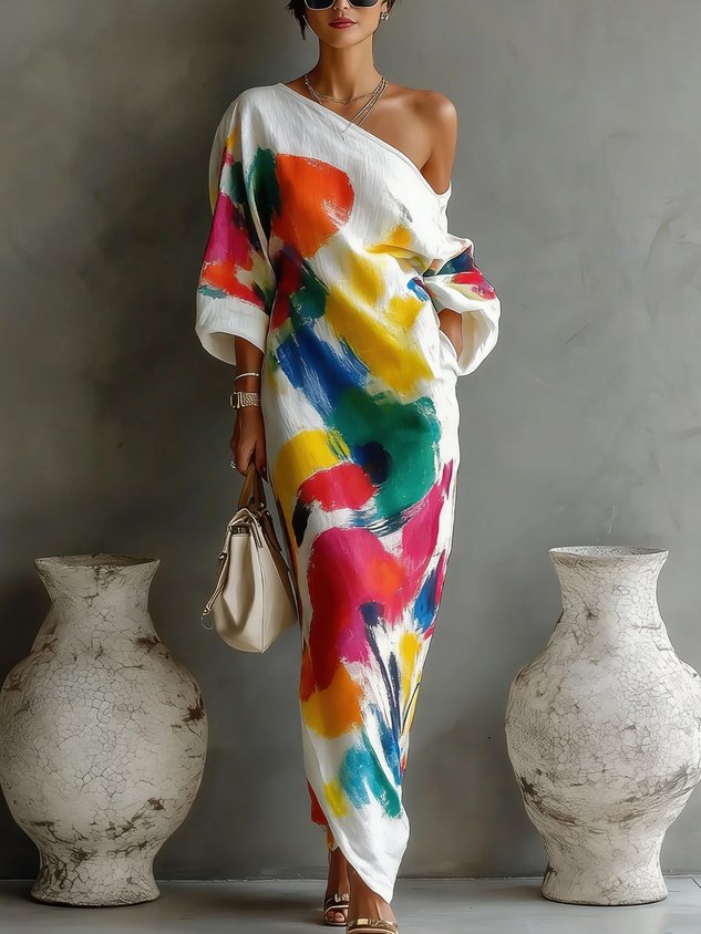One-Shoulder Abstract Print Maxi Dress