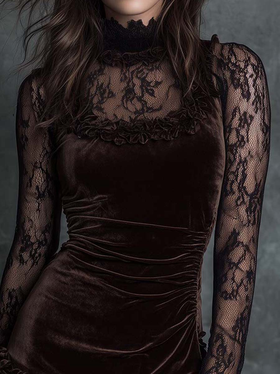 Mini pleated dress in chocolate velvet lace goth