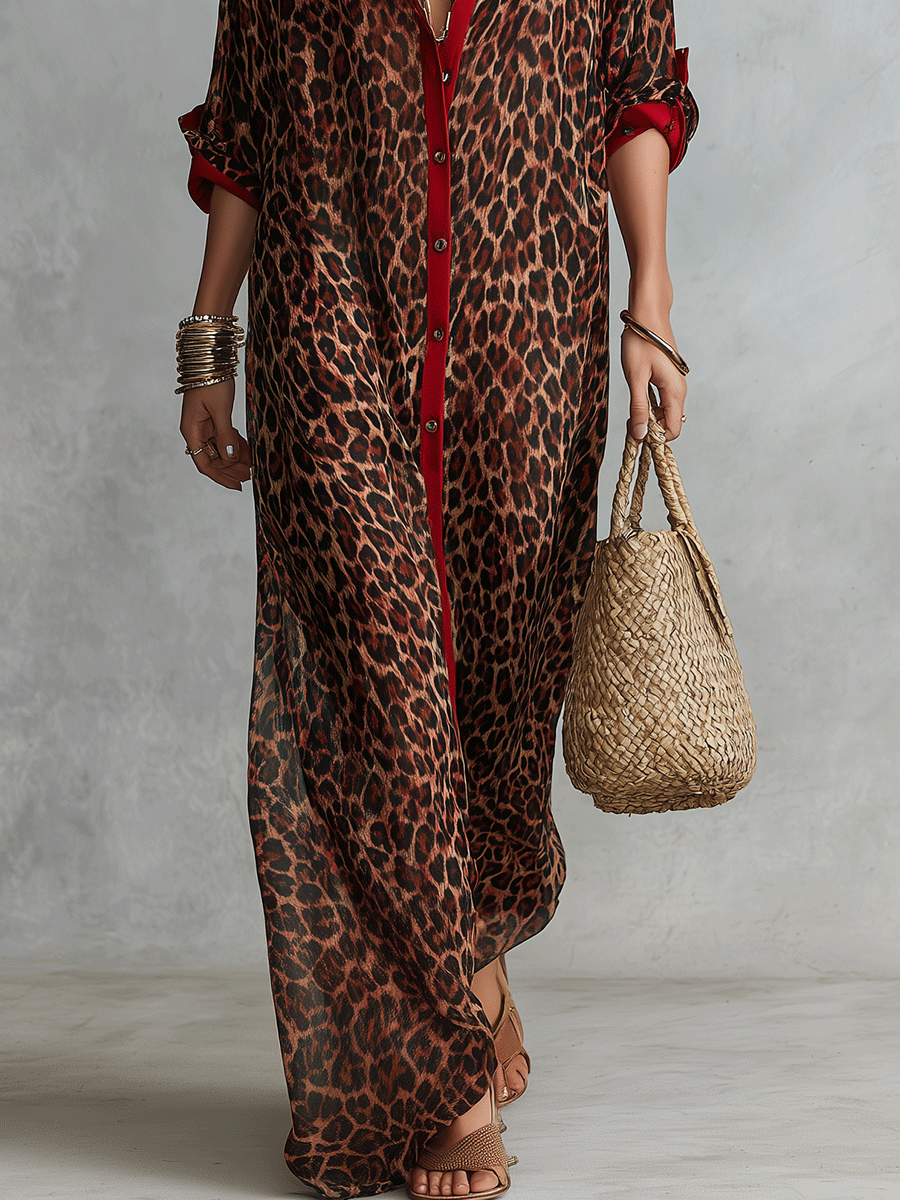 Effortless Glam Sheer Leopard Deep-V Belted Brown Shirt Maxi Dress