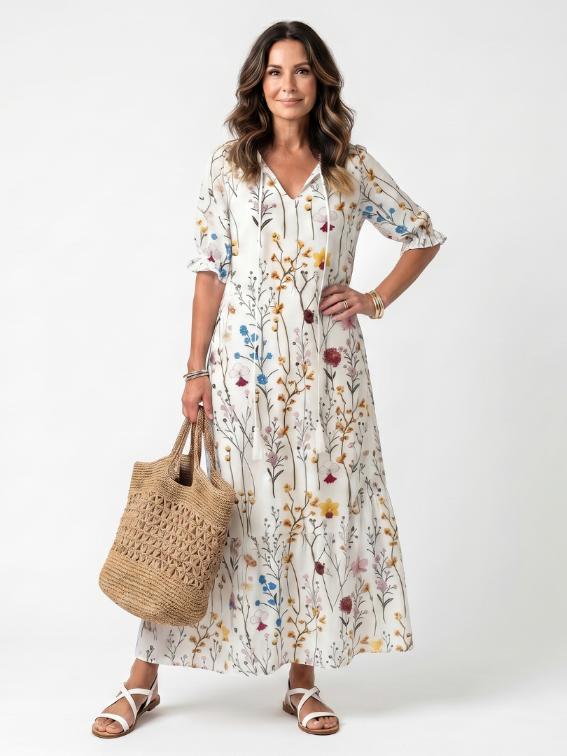 Amara | Botanical Print Tassel Tie Midi Dress
