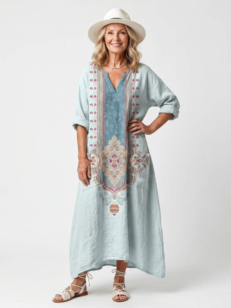 Isadora | Ornate Panel Embroidered Oversized Pocket Midi Dress