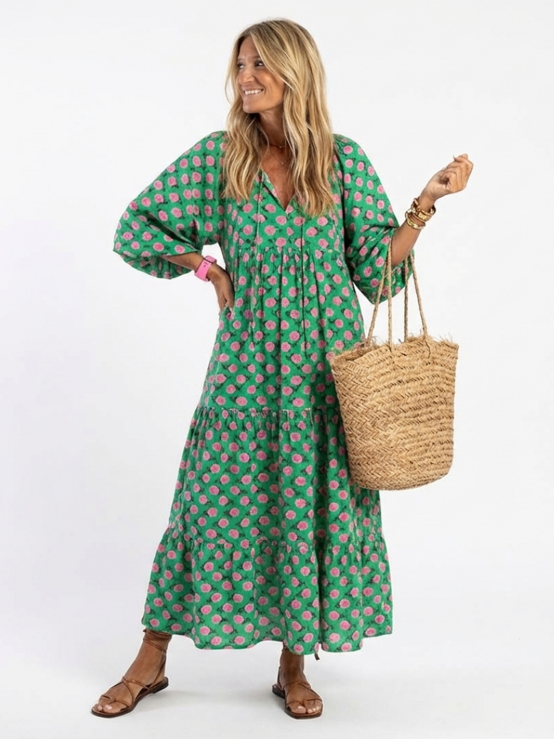 Isabella | Floral Print V Neck Tiered Midi Dress