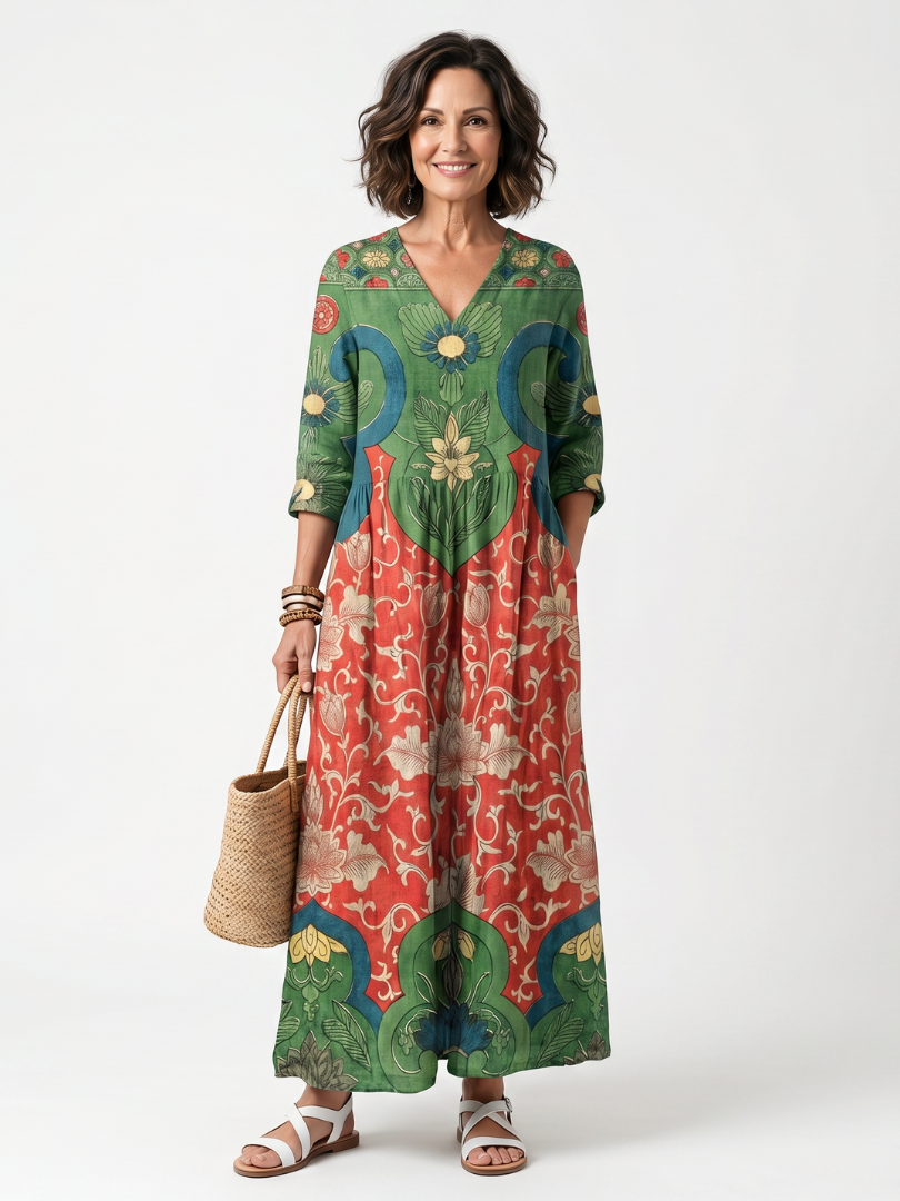 Camille | Mixed Print V Neck Pocket Midi Dress