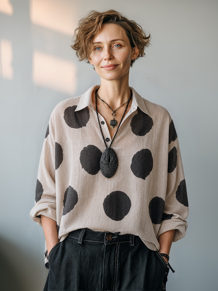 Maya | Vintage Polka-Dot V-Neck Long-Sleeve Shirt