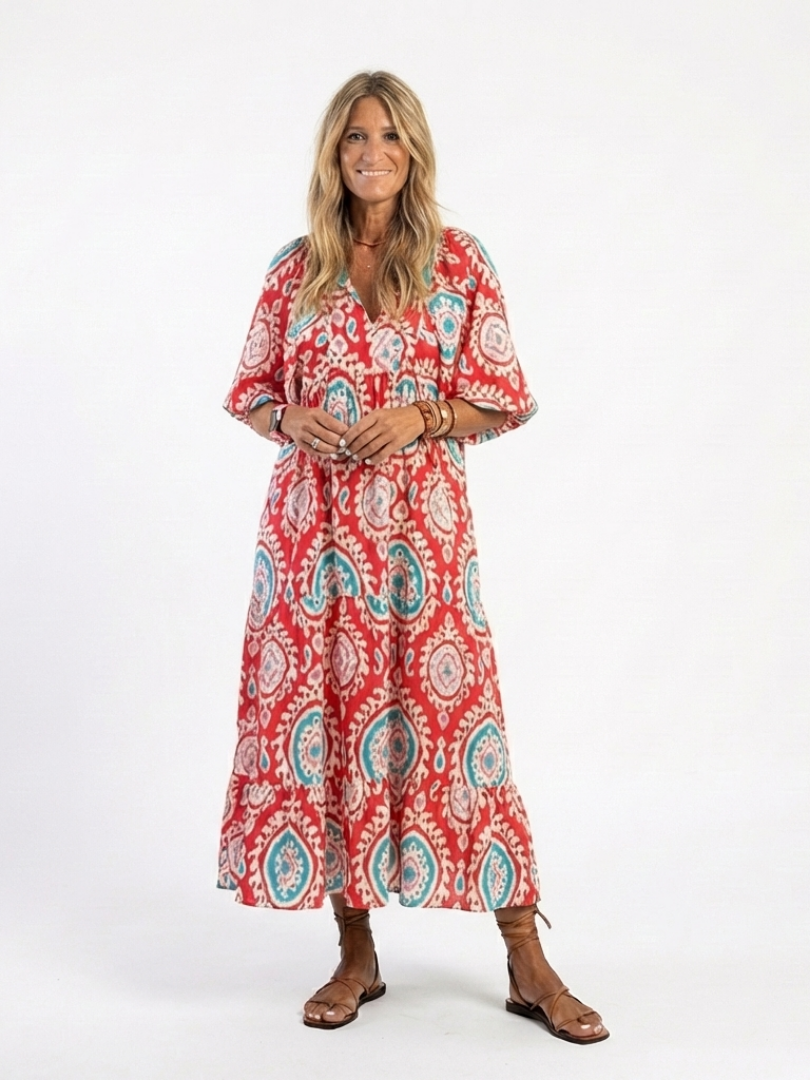 Lila | Paisley Print V Neck Short Sleeve Midi Dress
