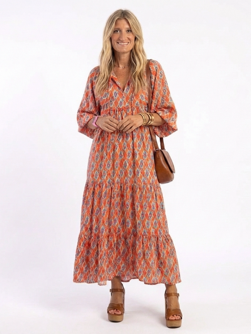 Sienna | Geometric Print V Neck Tiered Midi Dress