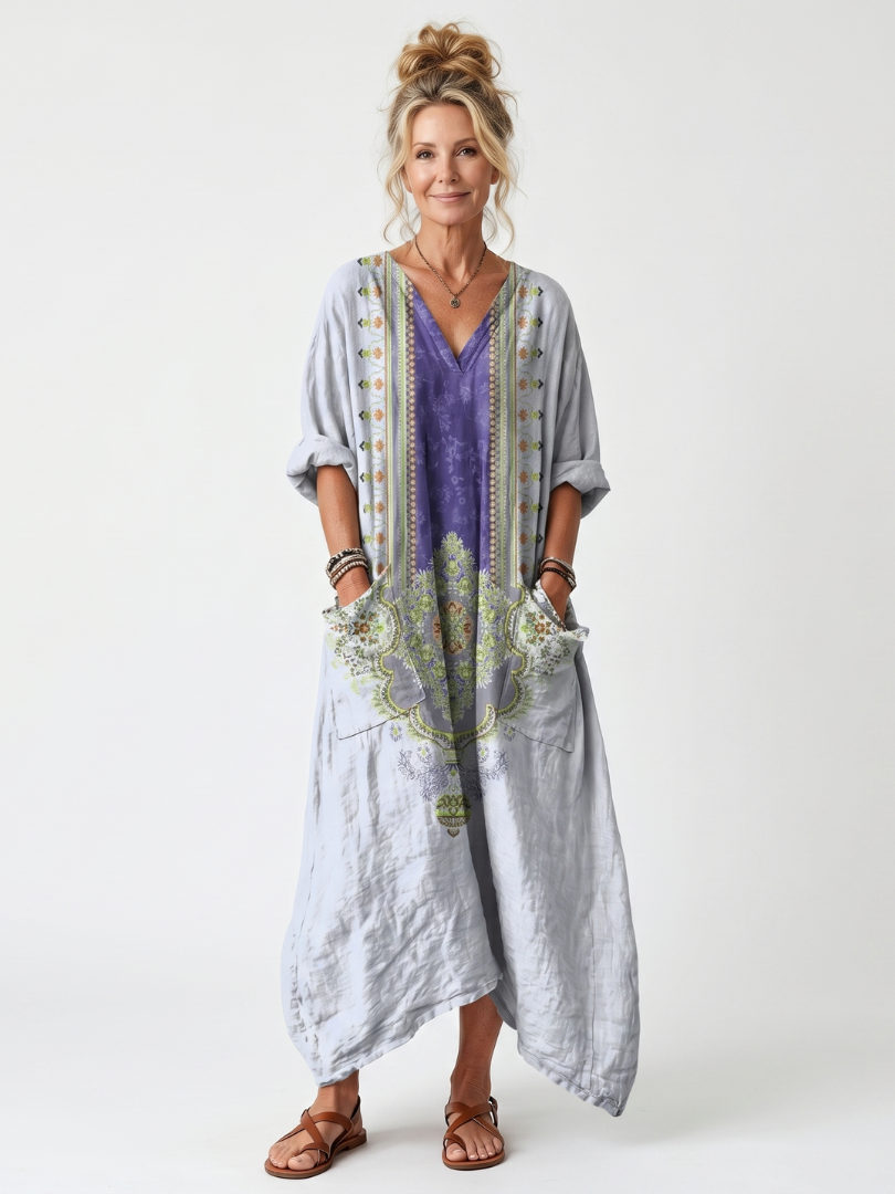 Liana | Contrast Panel Embroidered Oversized Pocket Midi Dress