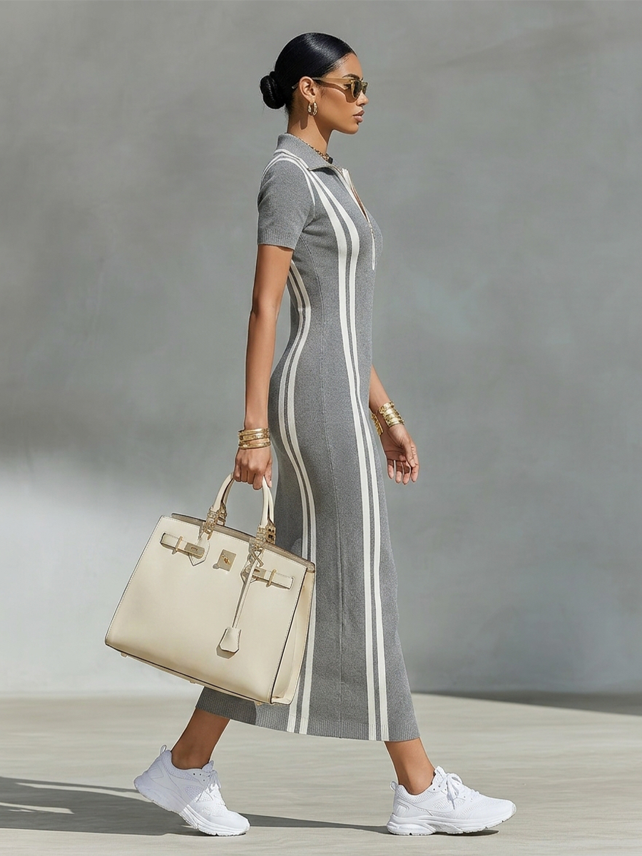 Women's Grey Stretchy Knit Zip Polo Collar & Vertical Side Stripes Maxi Dress