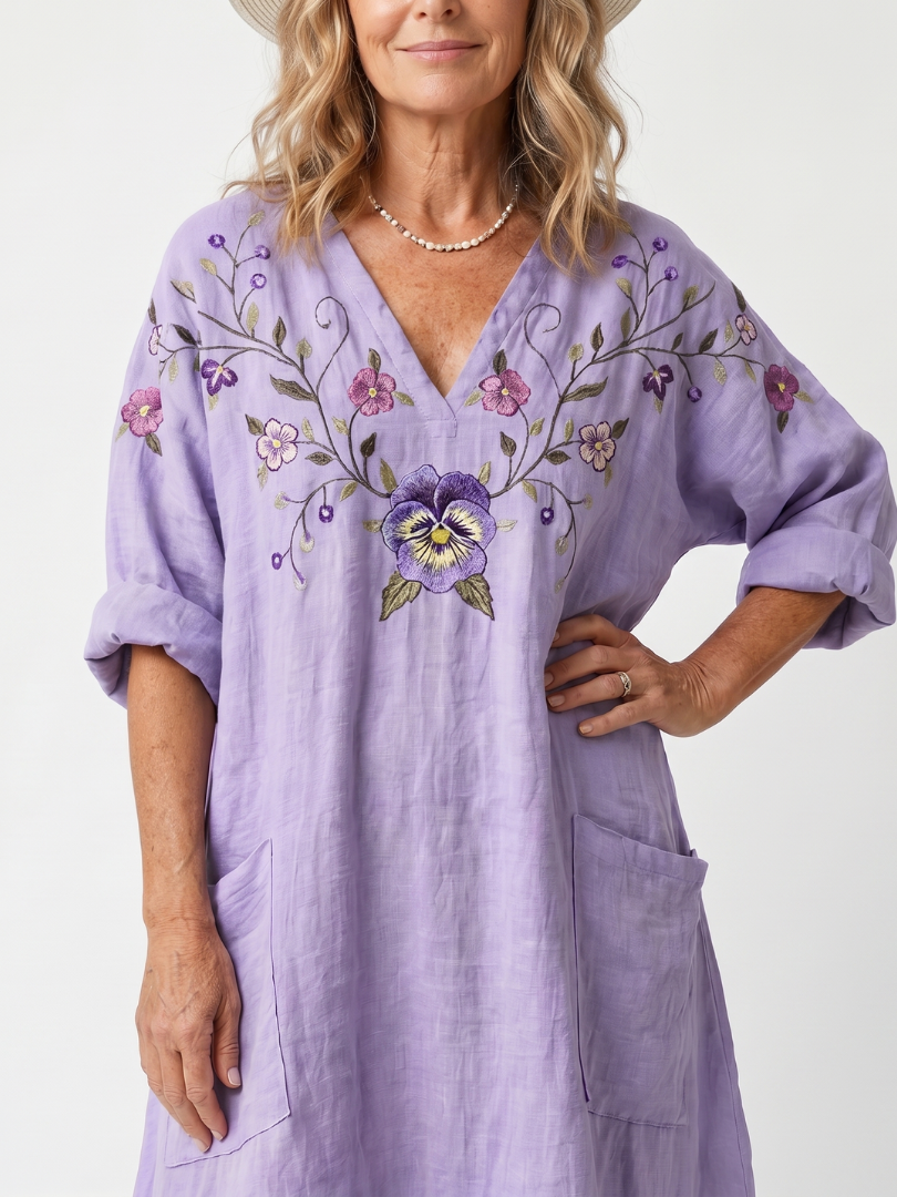 Lila | Floral Embroidered Oversized Pocket Midi Dress