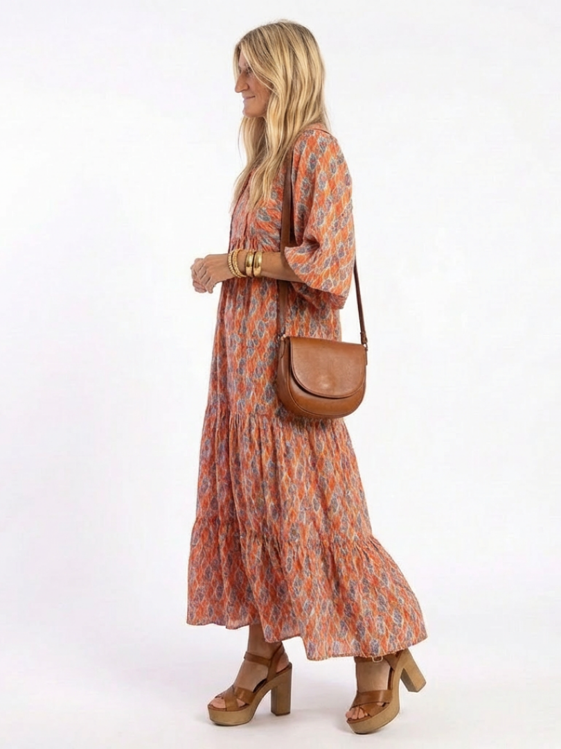 Sienna | Geometric Print V Neck Tiered Midi Dress