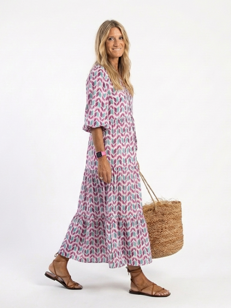 Zara | Geometric Print Long Sleeve Tiered Midi Dress