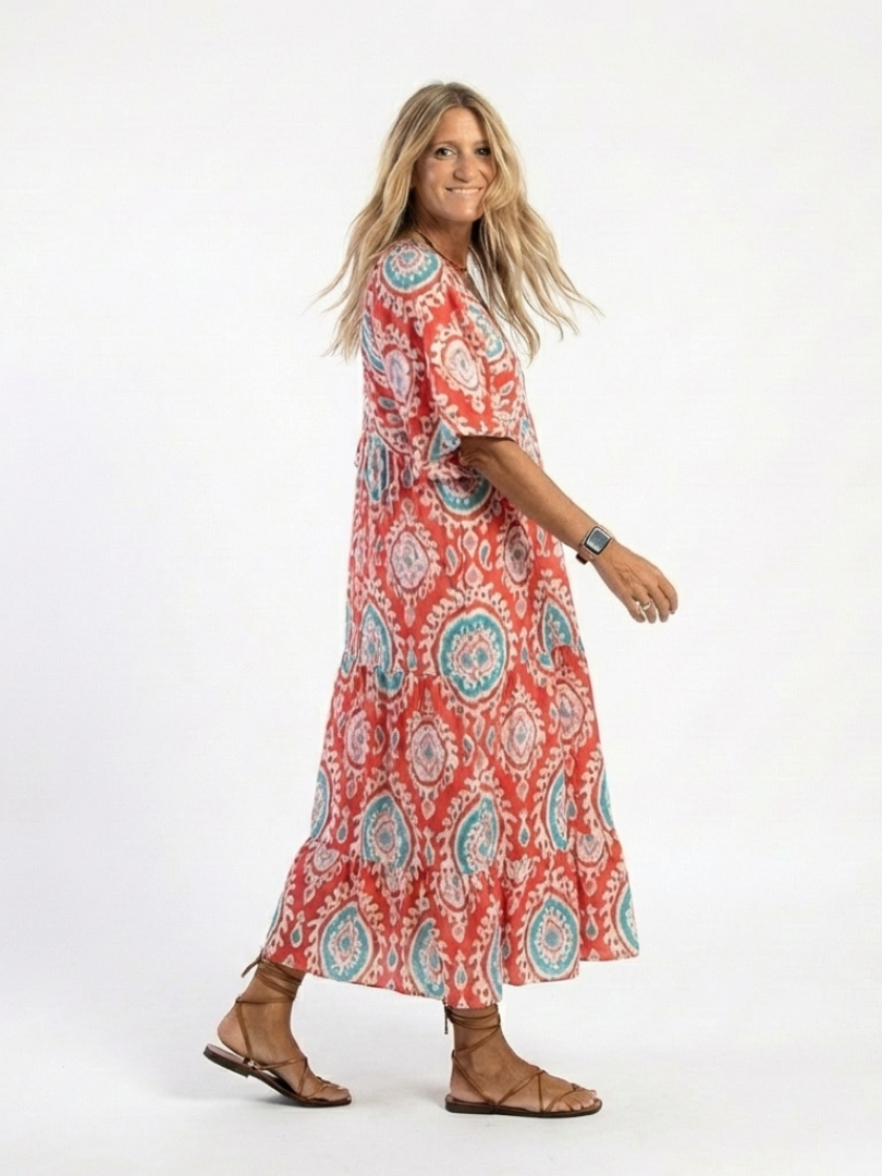 Lila | Paisley Print V Neck Short Sleeve Midi Dress