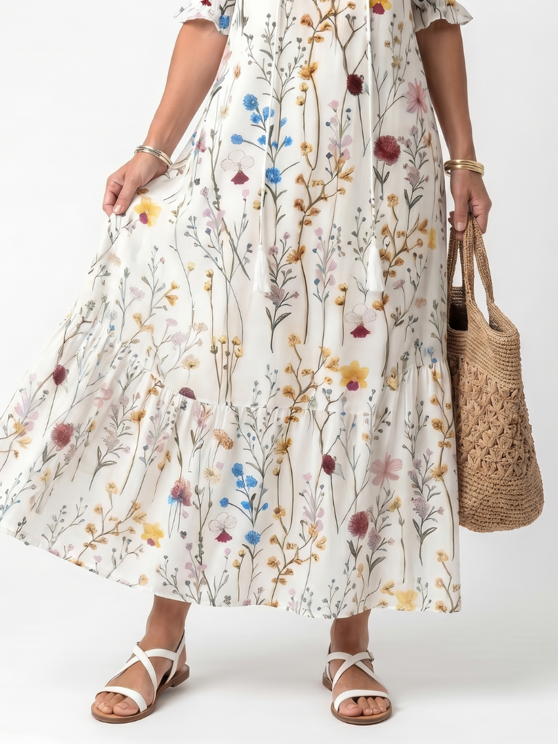 Amara | Botanical Print Tassel Tie Midi Dress