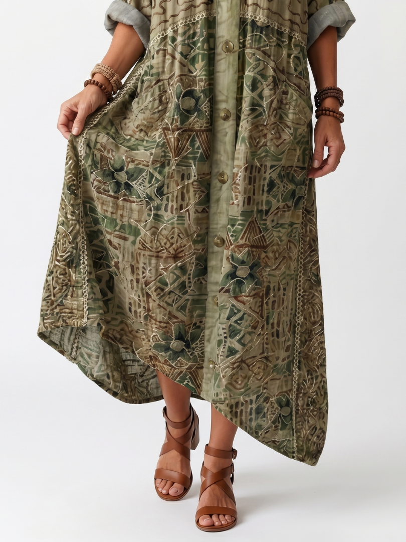 Mira | Button Front Embroidered Oversized Pocket Midi Dress