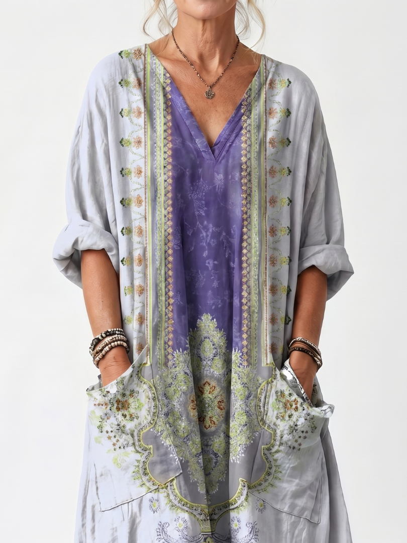 Liana | Contrast Panel Embroidered Oversized Pocket Midi Dress