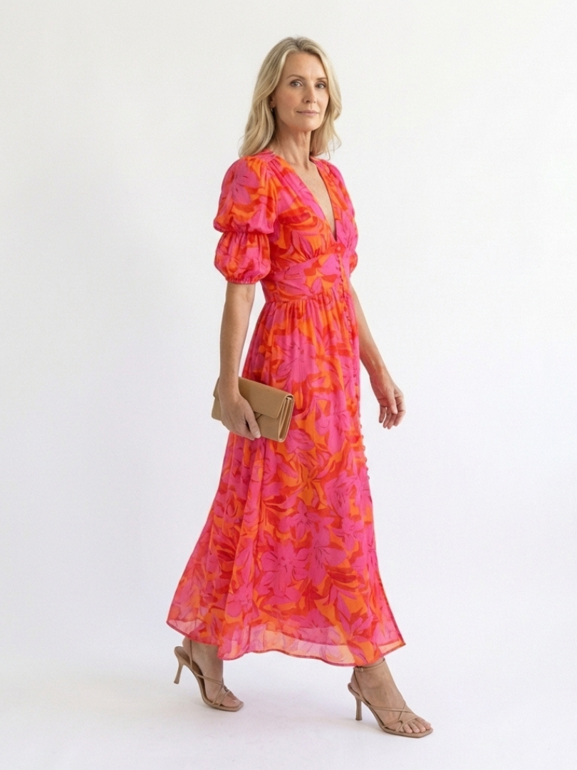 Hayes & Tate™ | Floral V Neck Puff Sleeve Midi Dress