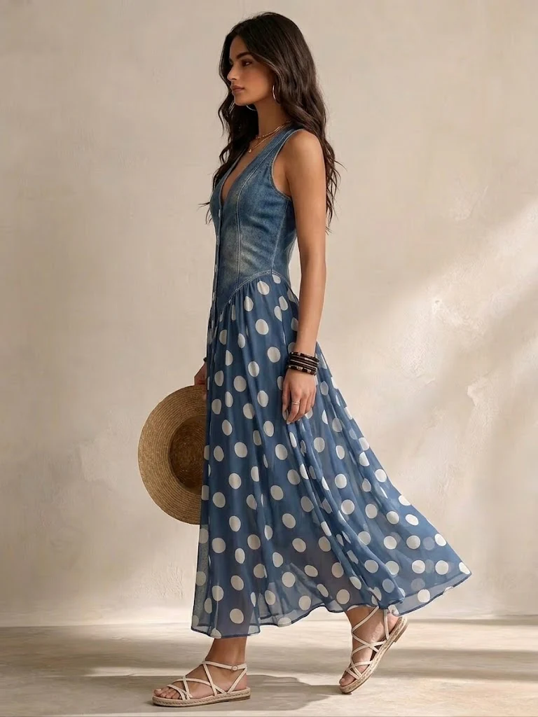 Elena | Elegant Denim Polka Dot Dress