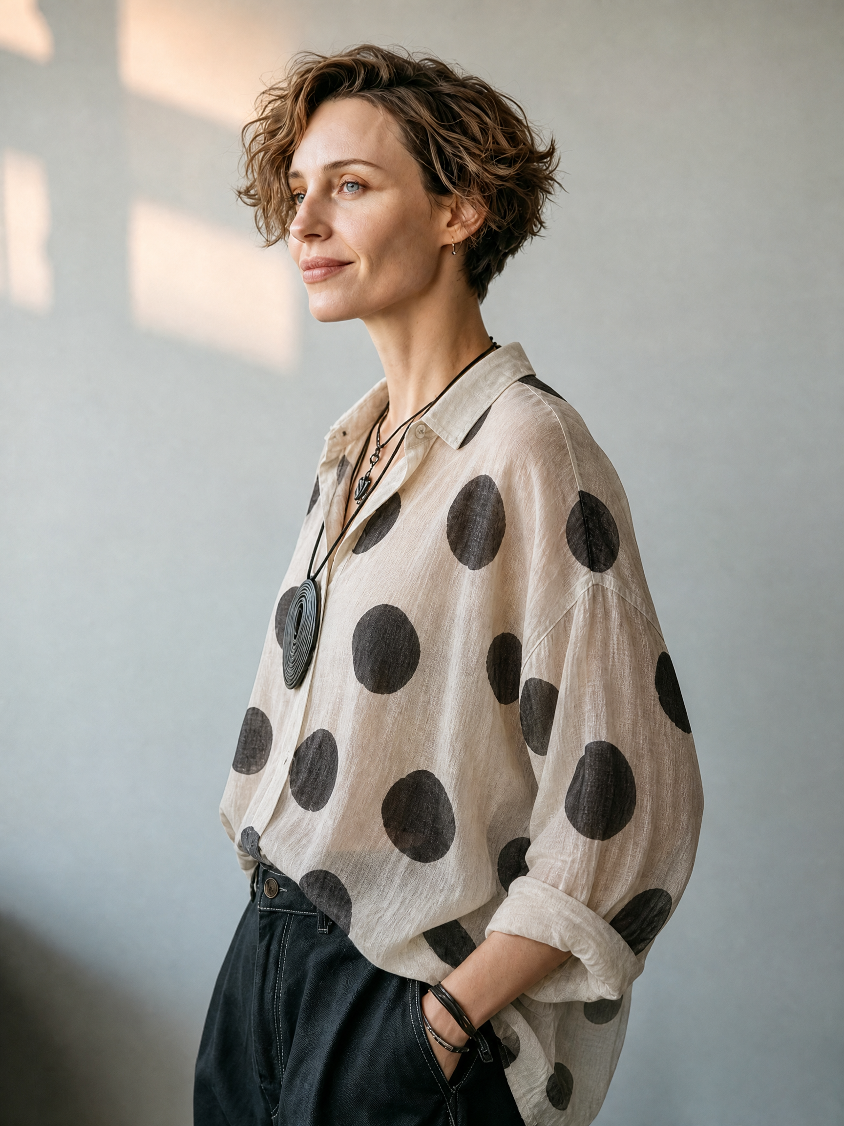Maya | Vintage Polka-Dot V-Neck Long-Sleeve Shirt