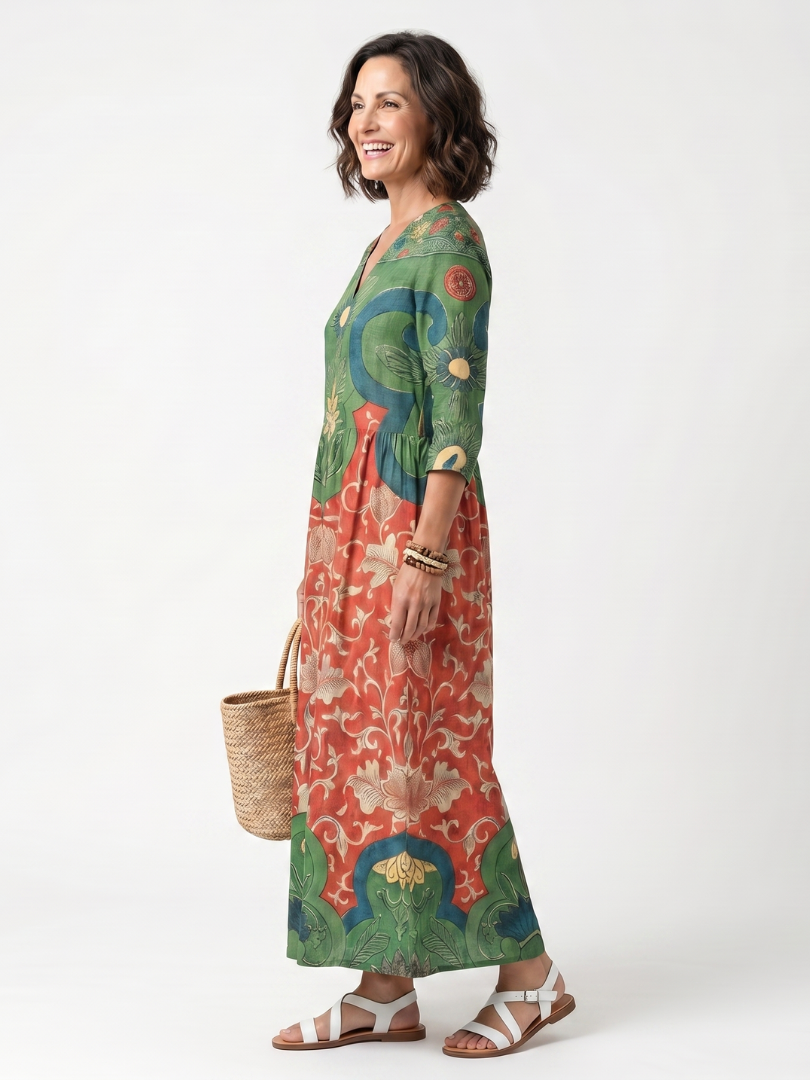 Camille | Mixed Print V Neck Pocket Midi Dress