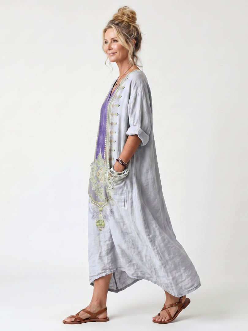 Liana | Contrast Panel Embroidered Oversized Pocket Midi Dress