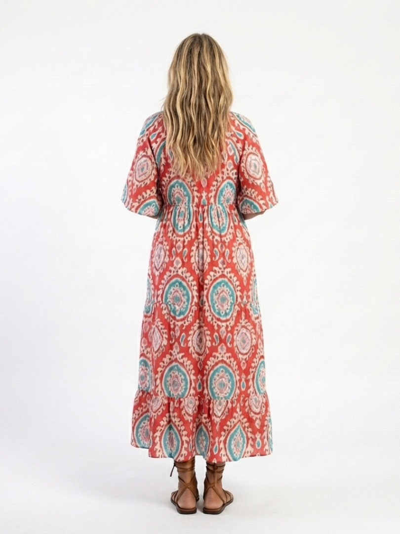 Lila | Paisley Print V Neck Short Sleeve Midi Dress