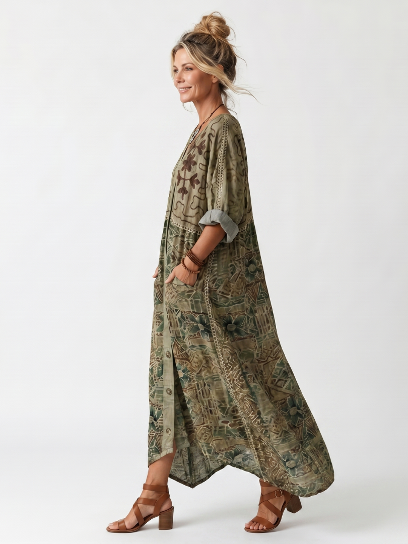 Mira | Button Front Embroidered Oversized Pocket Midi Dress