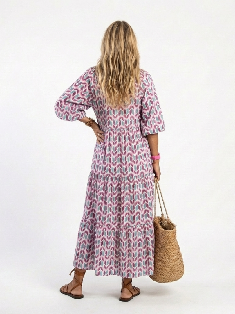 Zara | Geometric Print Long Sleeve Tiered Midi Dress