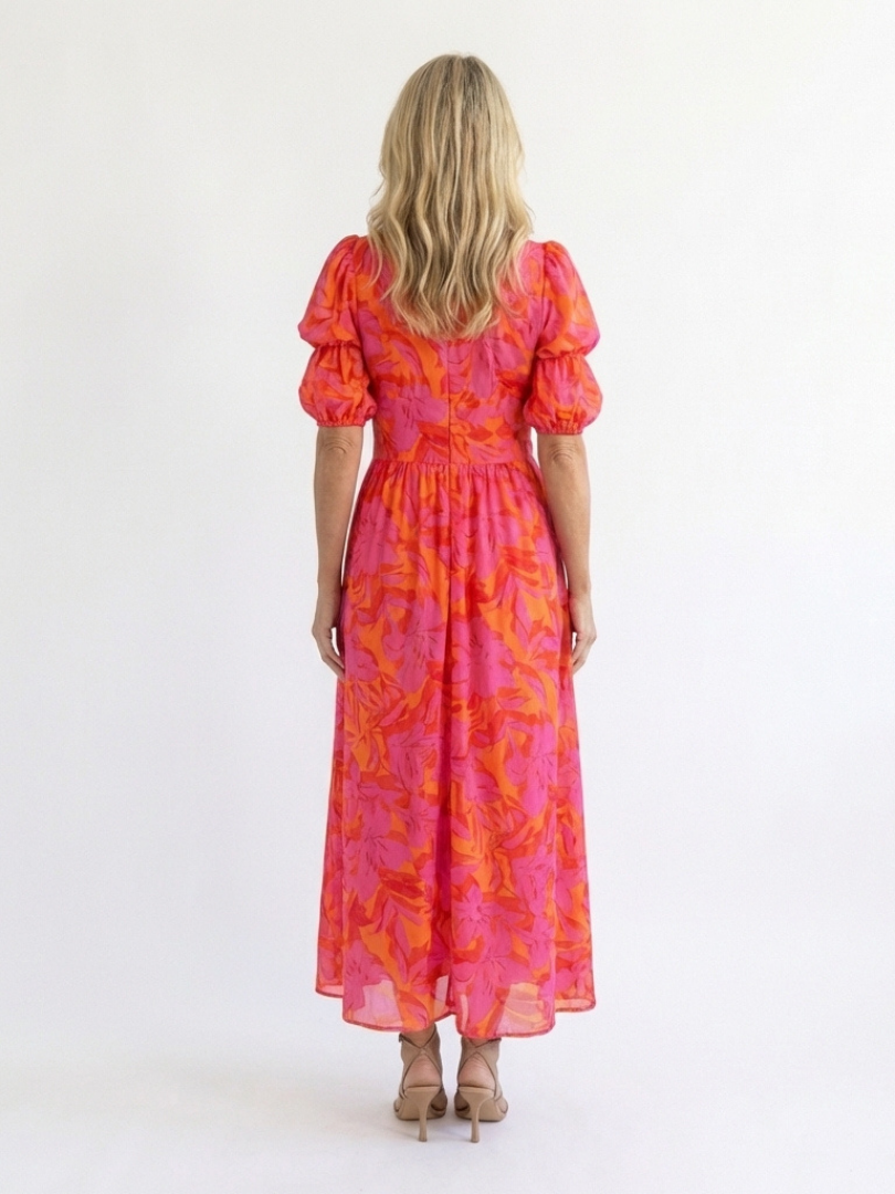 Hayes & Tate™ | Floral V Neck Puff Sleeve Midi Dress