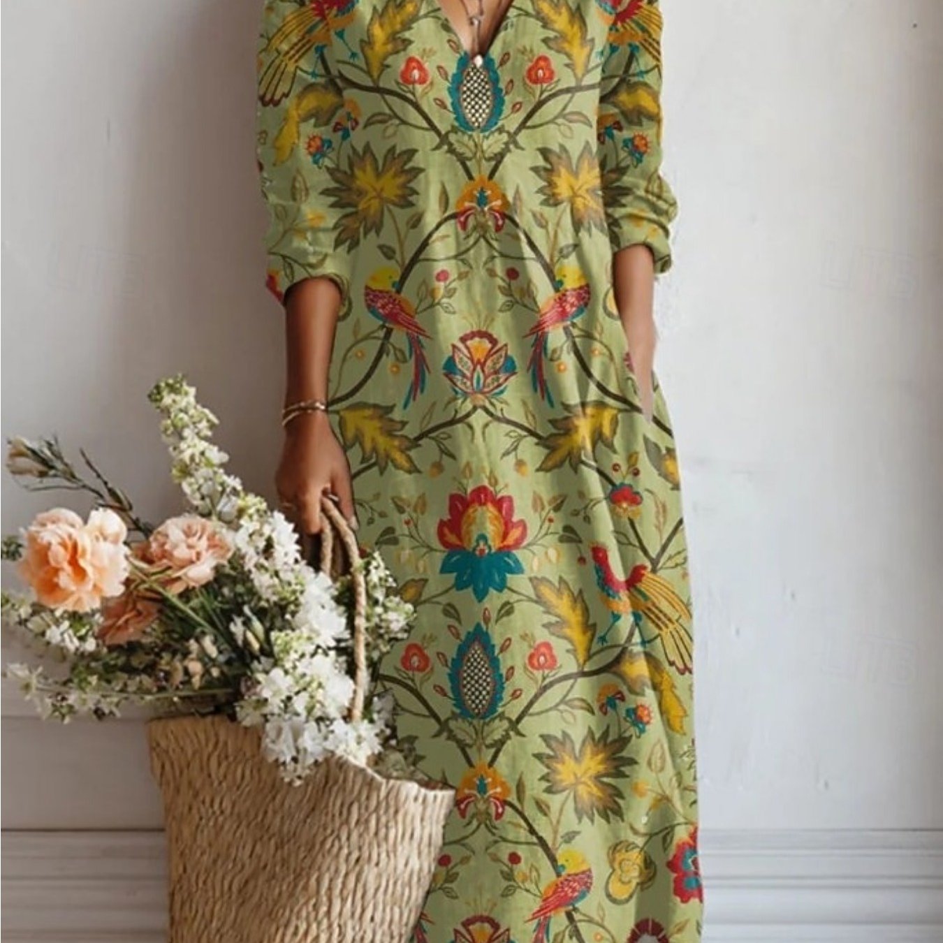 Literary Plant Print Pocket A-Line Dress