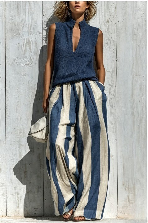 Sarah | Casual Sleeveless Top and Striped Trousers Set