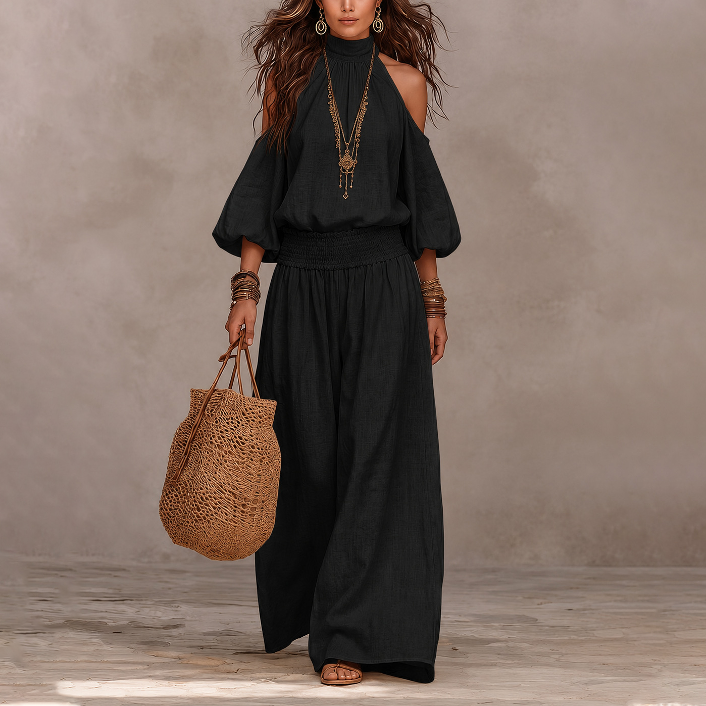 Isla | Boho Cold-Shoulder Wide-Leg Pants Set