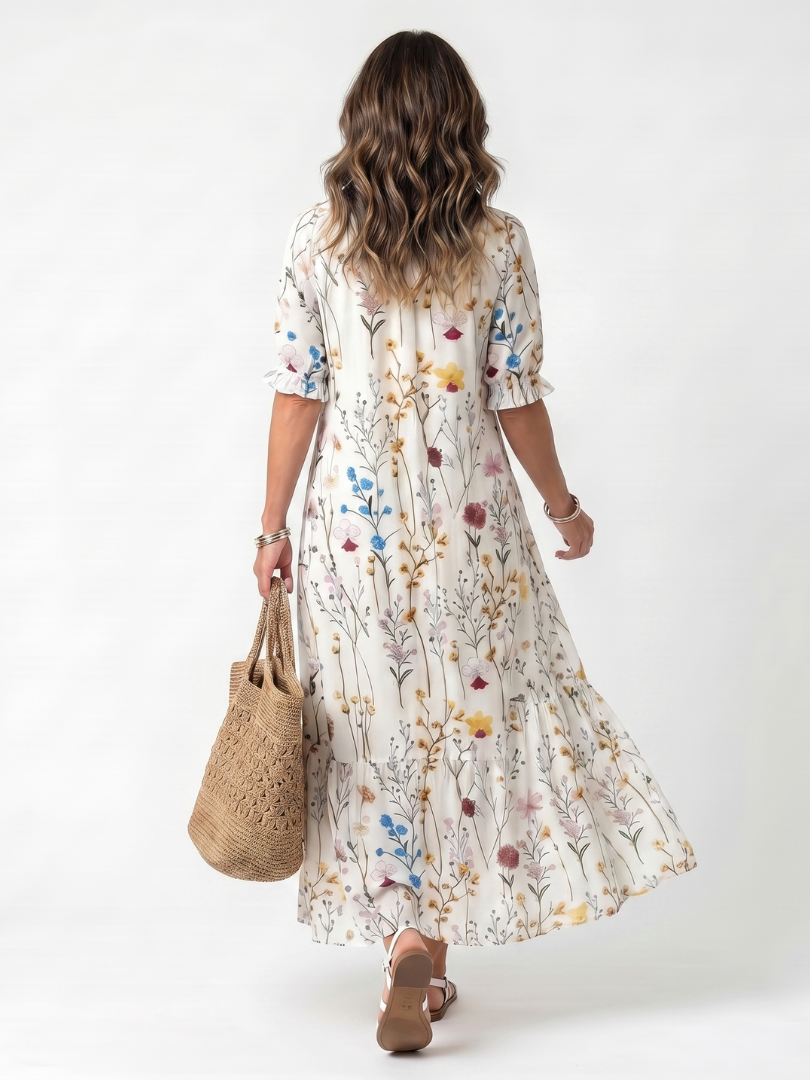 Amara | Botanical Print Tassel Tie Midi Dress