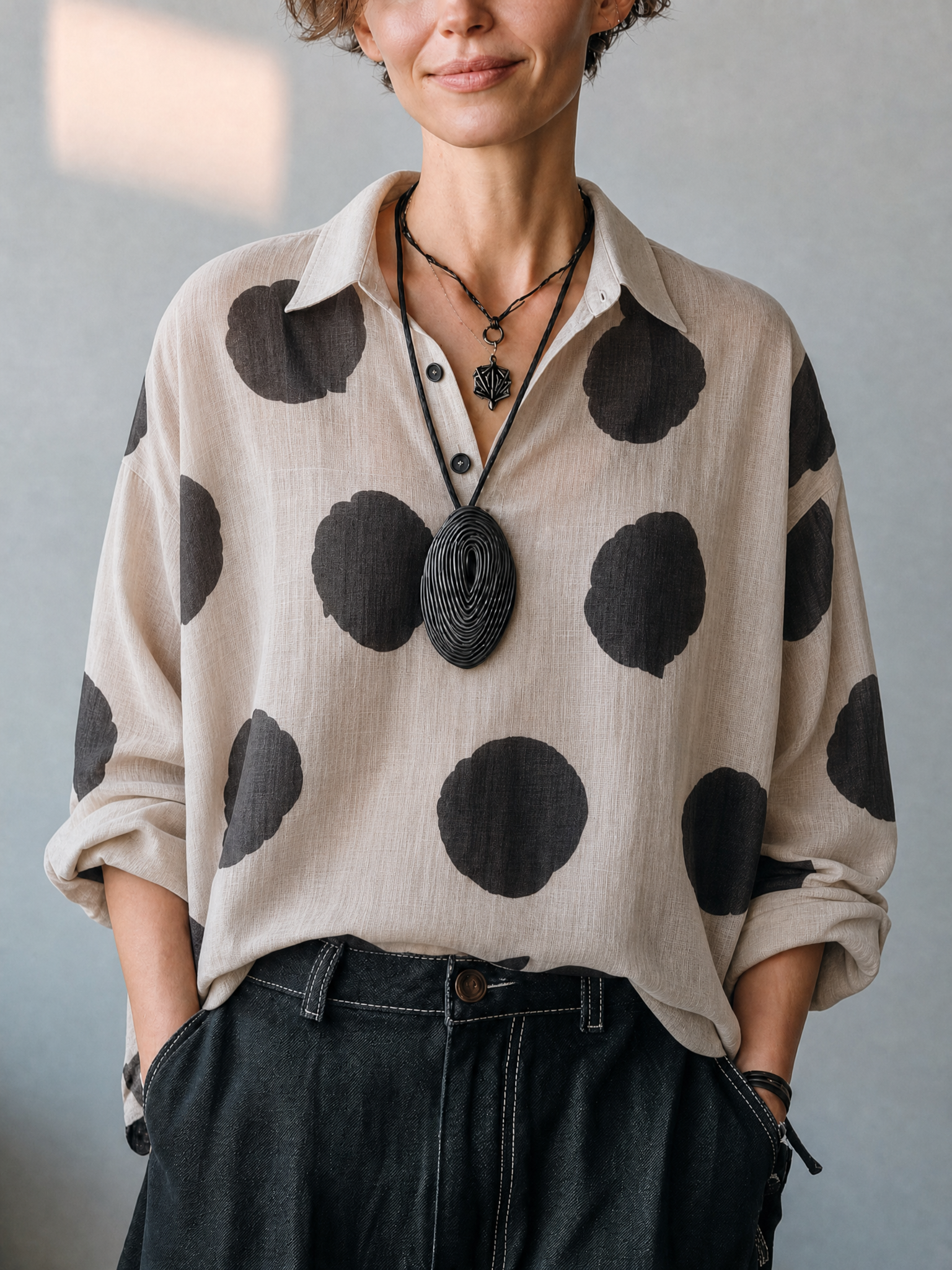 Maya | Vintage Polka-Dot V-Neck Long-Sleeve Shirt