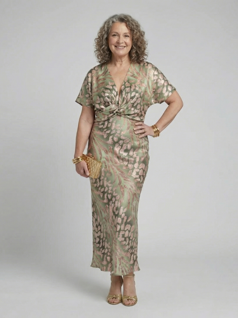 Hayes & Tate™ | Abstract Print V Neck Twist Waist Midi Dress