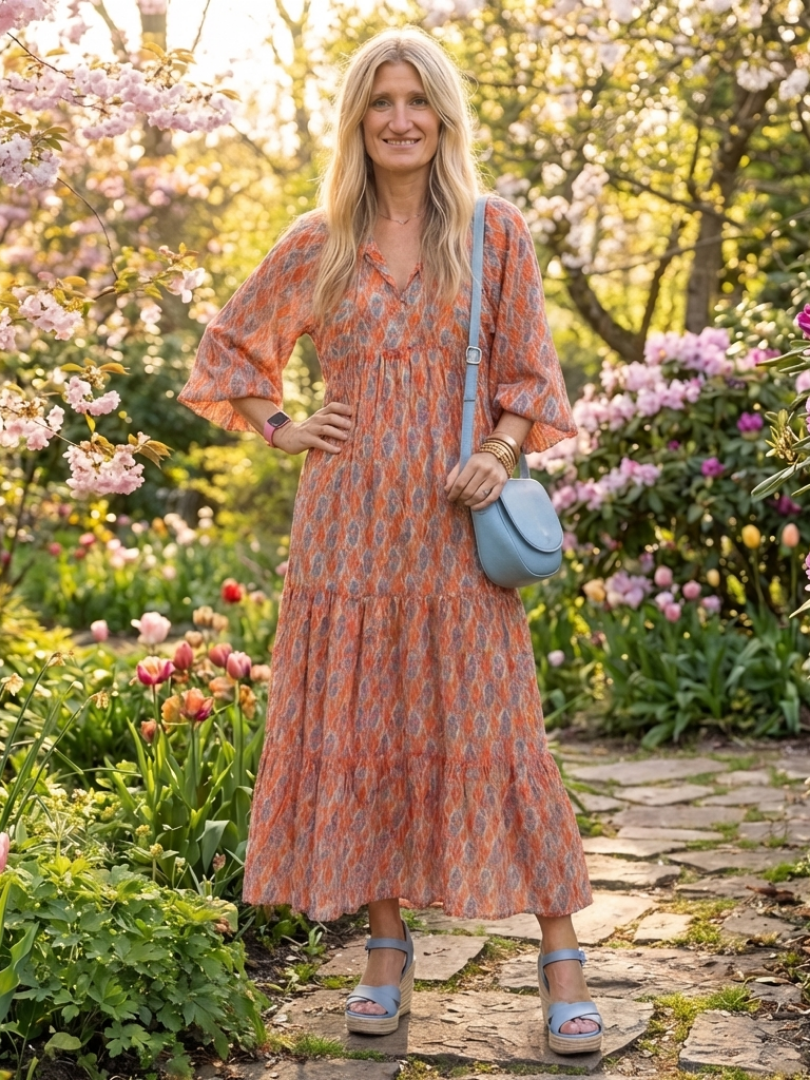 Sienna | Geometric Print V Neck Tiered Midi Dress