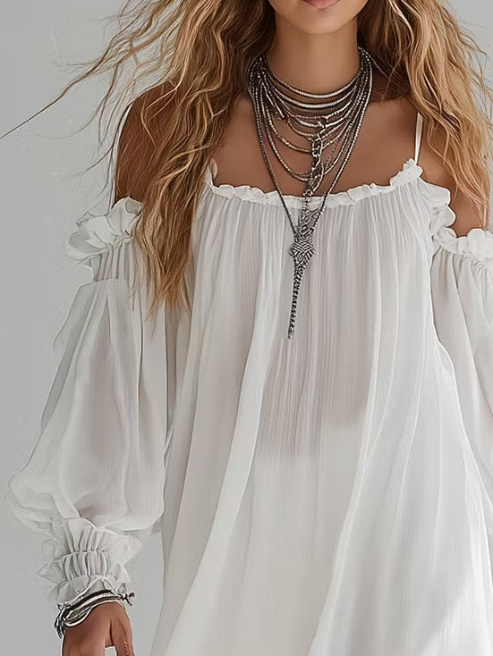 Bohemian Style Mini Flowy Dress with Off-the-Shoulder Sleeves