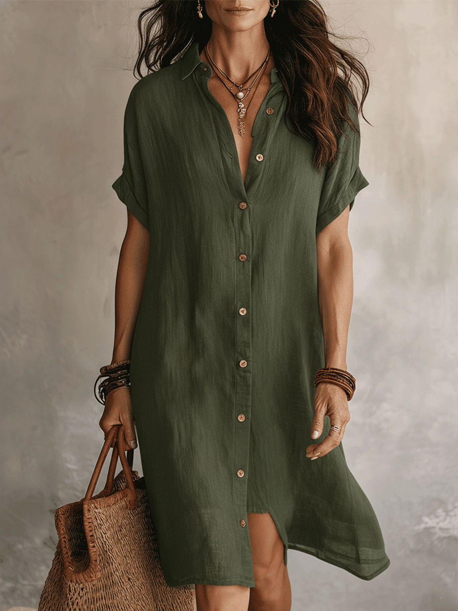 Céleste | Button-Down Linen & Cotton Midi Shirt Dress
