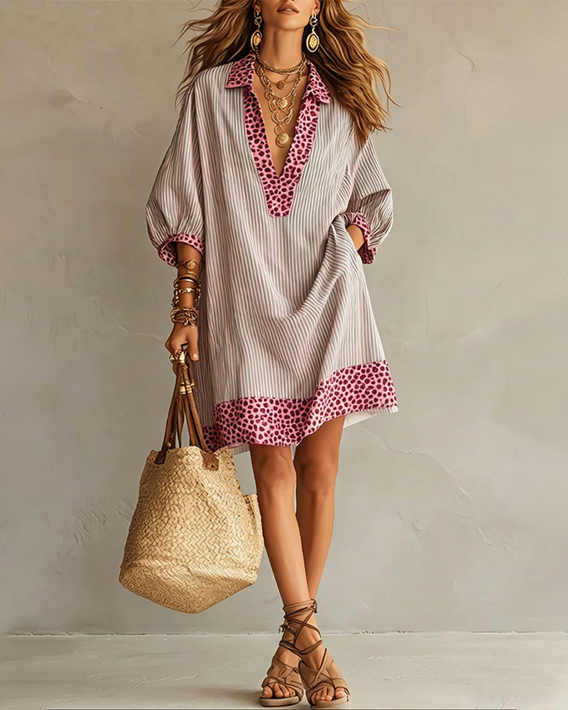 Carly | Leopard Print Panel Puff Sleeve Striped Shirt
