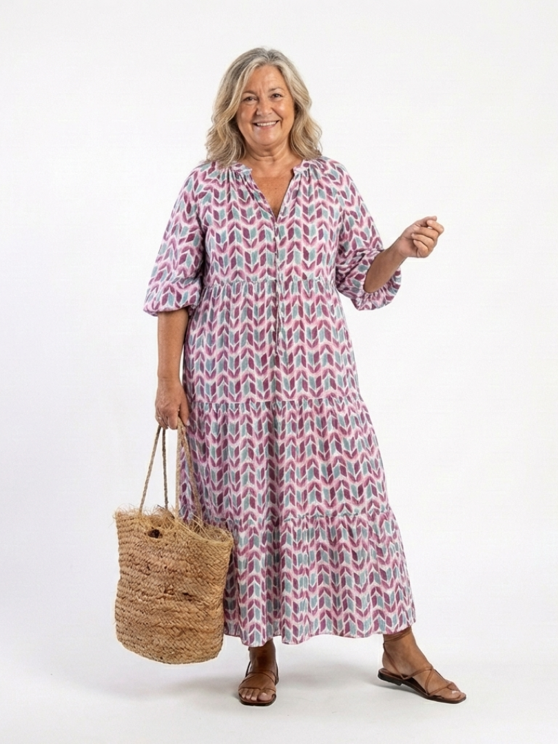 Zara | Geometric Print Long Sleeve Tiered Midi Dress