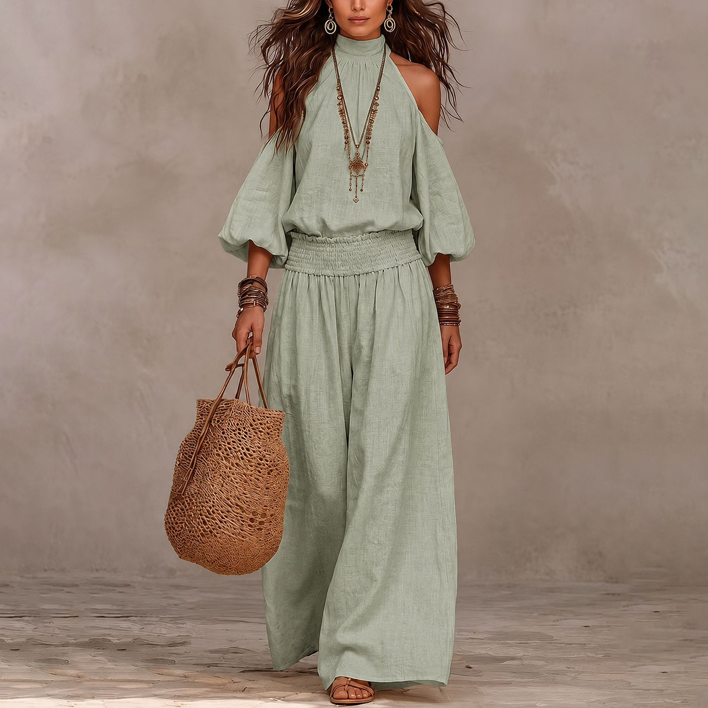Isla | Boho Cold-Shoulder Wide-Leg Pants Set