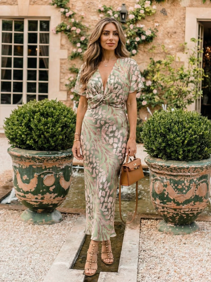 Hayes & Tate™ | Abstract Print V Neck Twist Waist Midi Dress