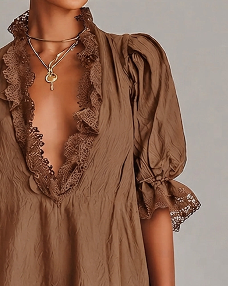 Elodie | Lace-Trim V-Neck Mini Dress